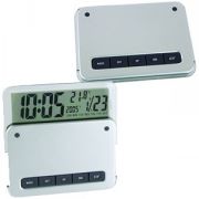 Часы-будильник с термометром и календарем; серебристый; 9,4х9,5х1 см; металл