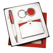 Набор: авторучка, брелок и визитница; красный с белым; 16х16 см; металл